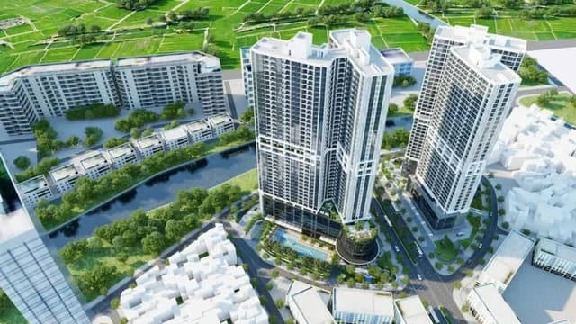 Phối cảnh trên cao hai tòa tháp căn hộ Kepler Land Mỗ Lao đang triển khai giữa khu đô thị Mỗ Lao.